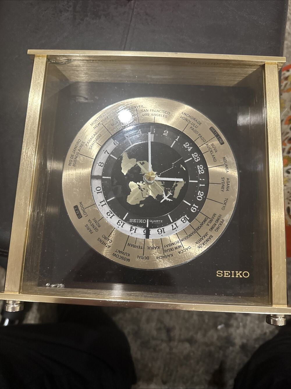 VTG Seiko Brass World Military Time Desk/Mantel Clock w/ ✈ Second Hand - QQZ885A